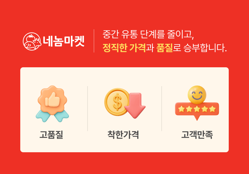 네놈마켓 브랜드 소개. 중간 유통 단계를 줄여 정직한 가격과 품질을 추구하며 고품질, 착한 가격, 고객 만족을 강조합니다.