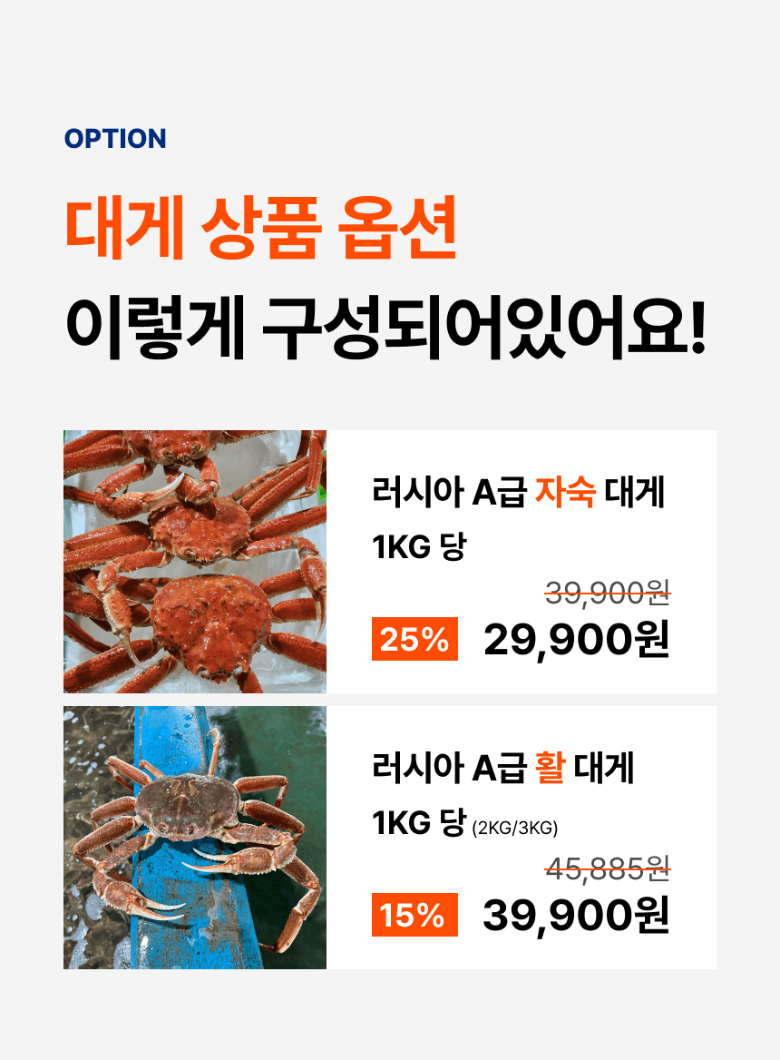 상품 옵션 디자인. 러시아 A급 자숙 대게는 1킬로그램당 29,900원, 활 대게는 1킬로그램당 39,900원으로 표시된 시안입니다.