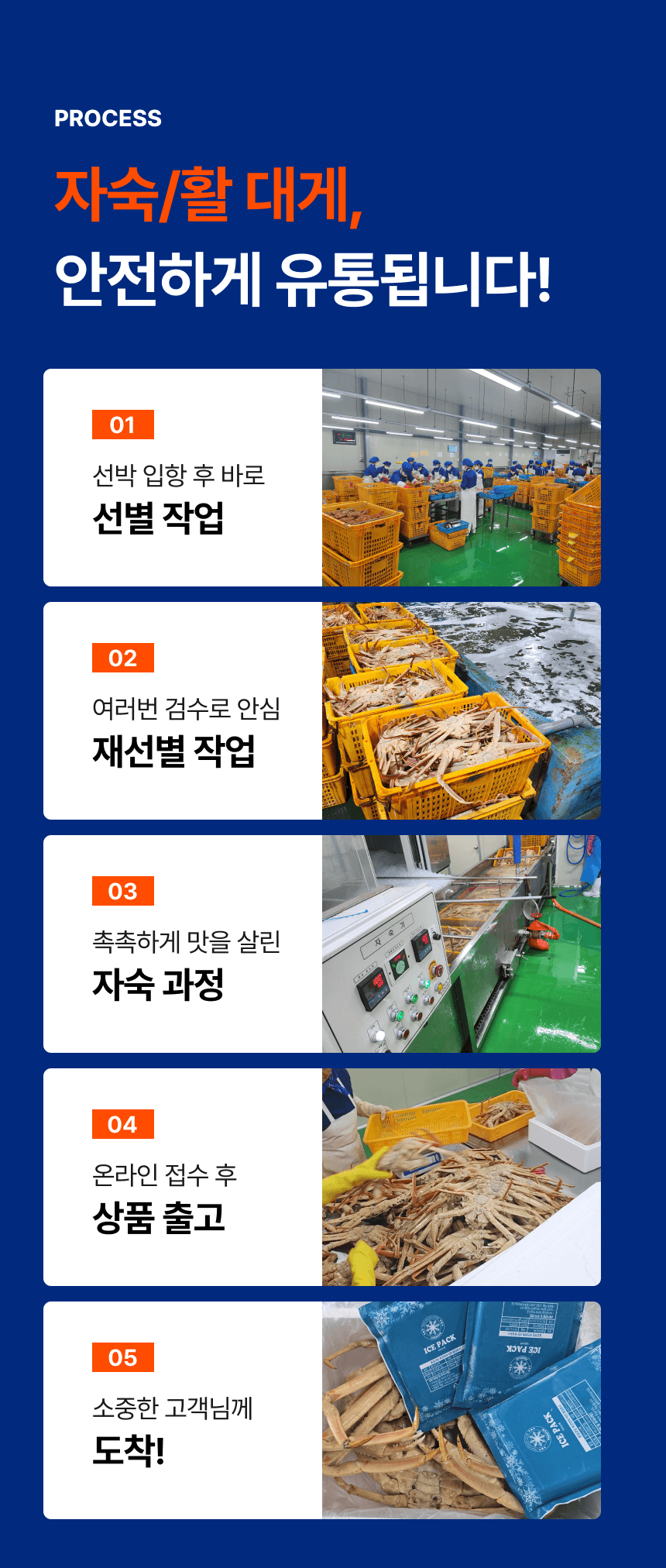 선별, 재선별, 자숙, 온라인 주문 후 출고, 고객 도착까지 다섯 단계의 유통 과정을 현장 사진과 함께 보여줍니다.